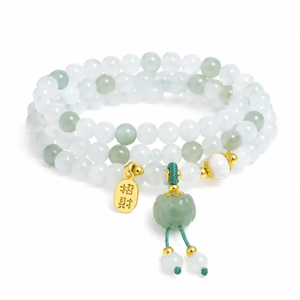 Xinjiang Gold-Silk Jade Multi-Wrap Bracelet — Stackable Layers with Pendant Charms - Triple-Wrap Wealth Charm + Pumpkin DropTibet Art