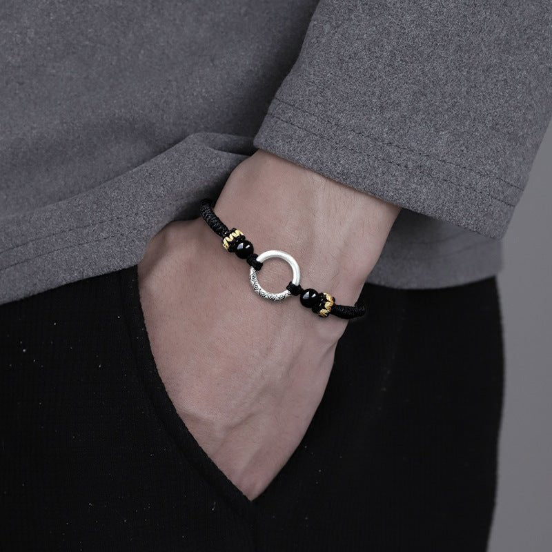 Silver Peace Clasp Men's Bracelet — Woven Cord with 925 Silver - Plated Buckle - Peace Clasp — Black CordTibet Art