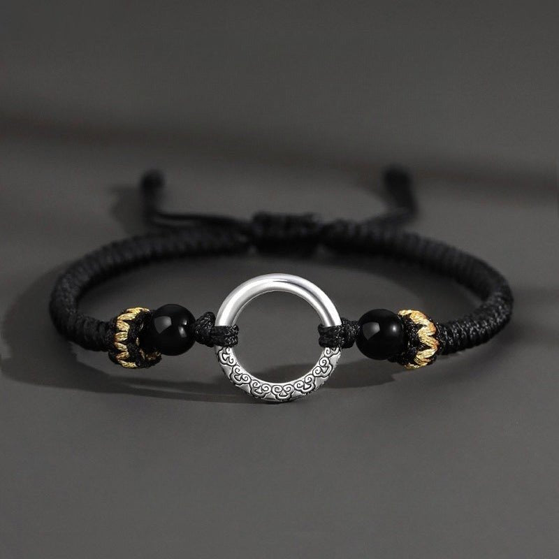 Silver Peace Clasp Men's Bracelet — Woven Cord with 925 Silver - Plated Buckle - Peace Clasp — Black CordTibet Art