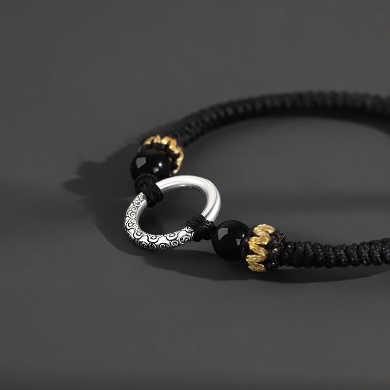 Silver Peace Clasp Men's Bracelet — Woven Cord with 925 Silver - Plated Buckle - Peace Clasp — Black CordTibet Art