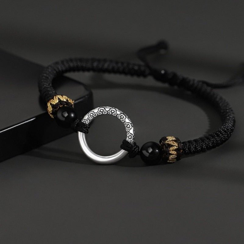 Silver Peace Clasp Men's Bracelet — Woven Cord with 925 Silver - Plated Buckle - Peace Clasp — Black CordTibet Art
