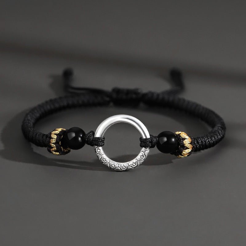 Silver Peace Clasp Men's Bracelet — Woven Cord with 925 Silver - Plated Buckle - Peace Clasp — Black CordTibet Art