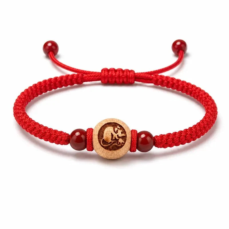 Peachwood Chinese Zodiac Bracelet — Red String Good Luck Charm for Your Sign Tibet Art