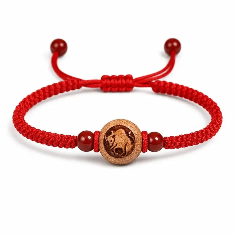 Peachwood Chinese Zodiac Bracelet — Red String Good Luck Charm for Your Sign Tibet Art