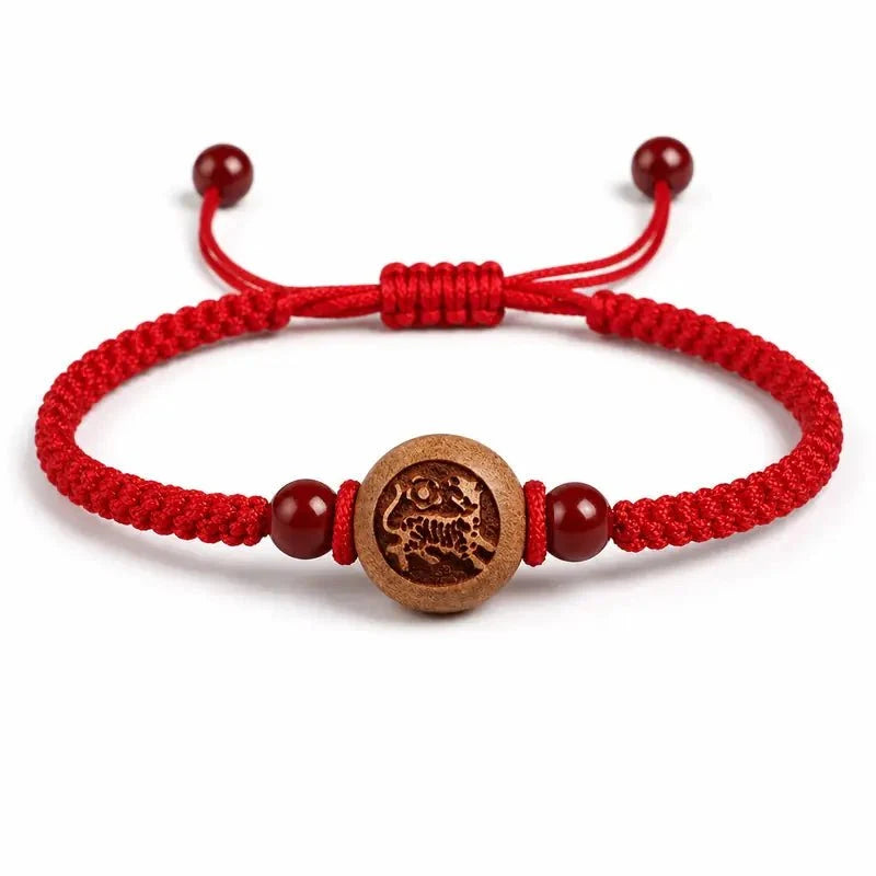 Peachwood Chinese Zodiac Bracelet — Red String Good Luck Charm for Your Sign Tibet Art