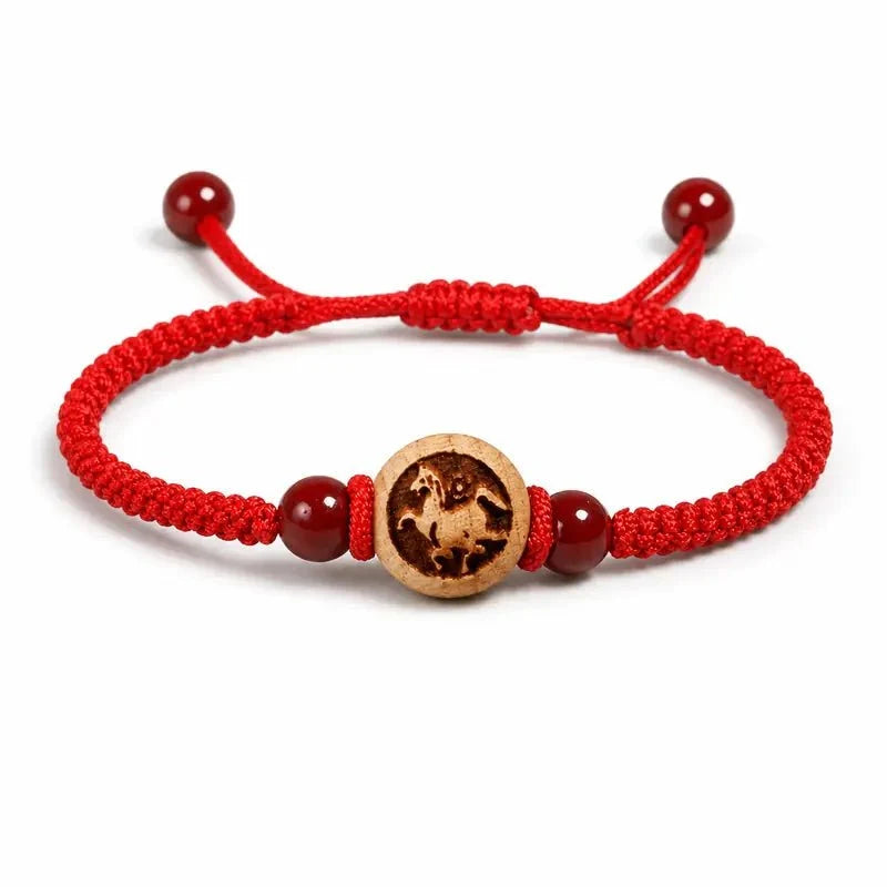 Peachwood Chinese Zodiac Bracelet — Red String Good Luck Charm for Your Sign Tibet Art