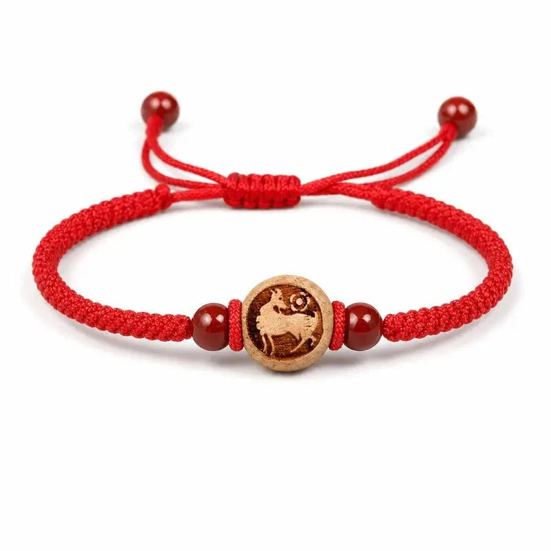 Peachwood Chinese Zodiac Bracelet — Red String Good Luck Charm for Your Sign Tibet Art