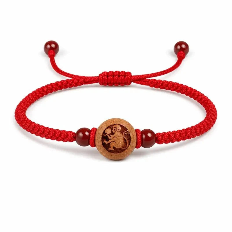 Peachwood Chinese Zodiac Bracelet — Red String Good Luck Charm for Your Sign Tibet Art