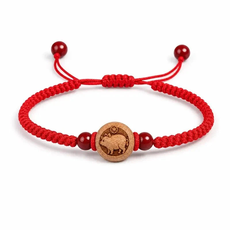 Peachwood Chinese Zodiac Bracelet — Red String Good Luck Charm for Your Sign Tibet Art