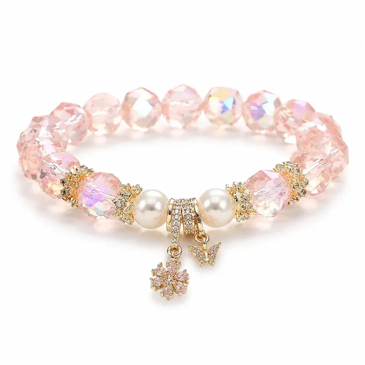 Rose Quartz Pearl & Butterfly Bracelet — Delicate Charm Bead Strand fo Tibet Art