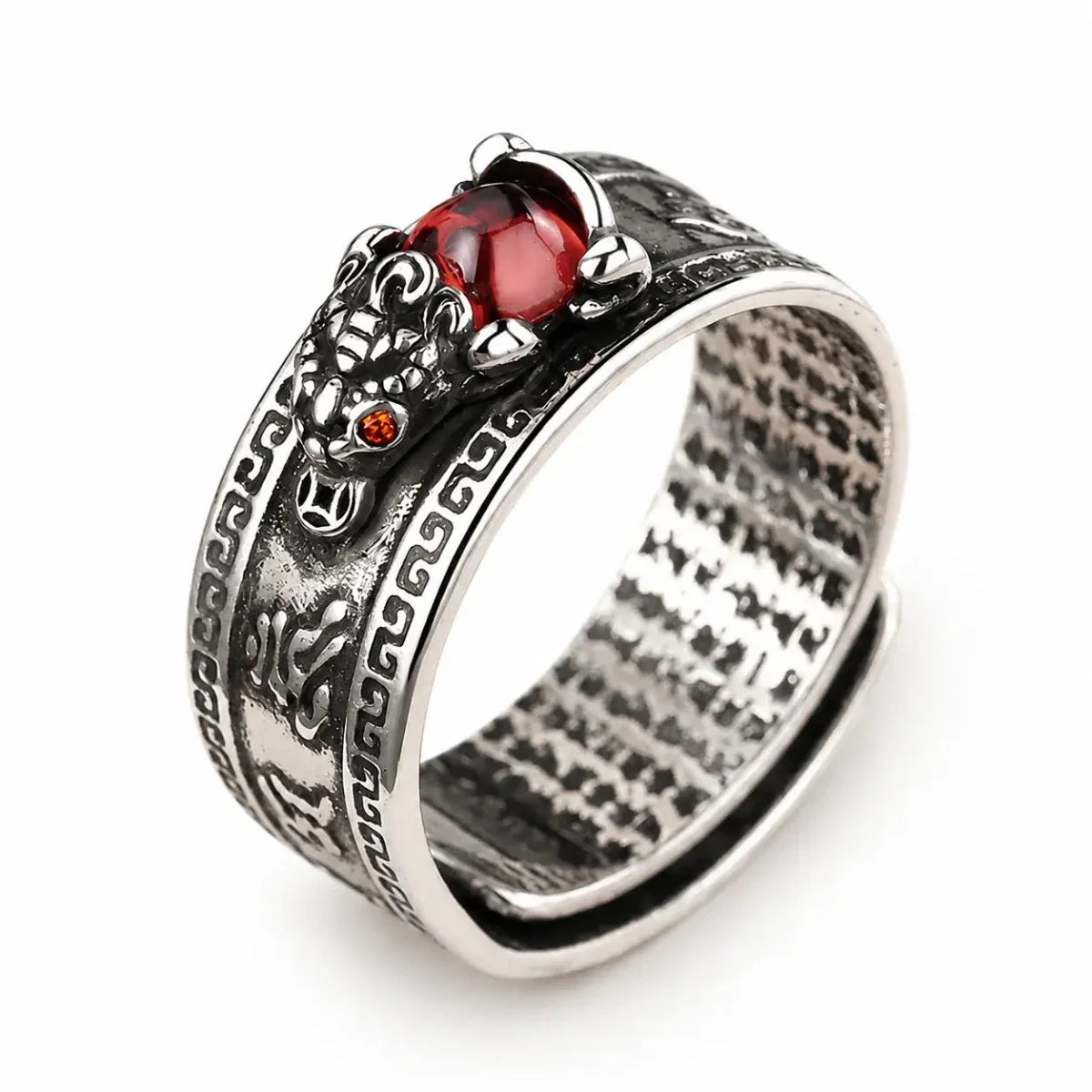Pixiu Ring with Heart Sutra Engraving — Garnet Inset Wealth Ring in Silver & Gold Tone - Pixiu Great Wall — All SilverTibet Art