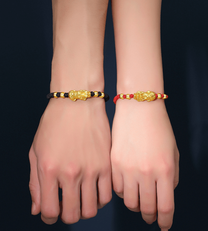 Pixiu Bracelet - Feng Shui Wealth Bracelet with Red & Black Cord for Luck & Prosperity - Tibet Art
