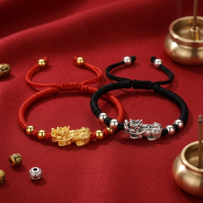 Pixiu Bracelet - Feng Shui Wealth Bracelet with Red & Black Cord for Luck & Prosperity - Tibet Art