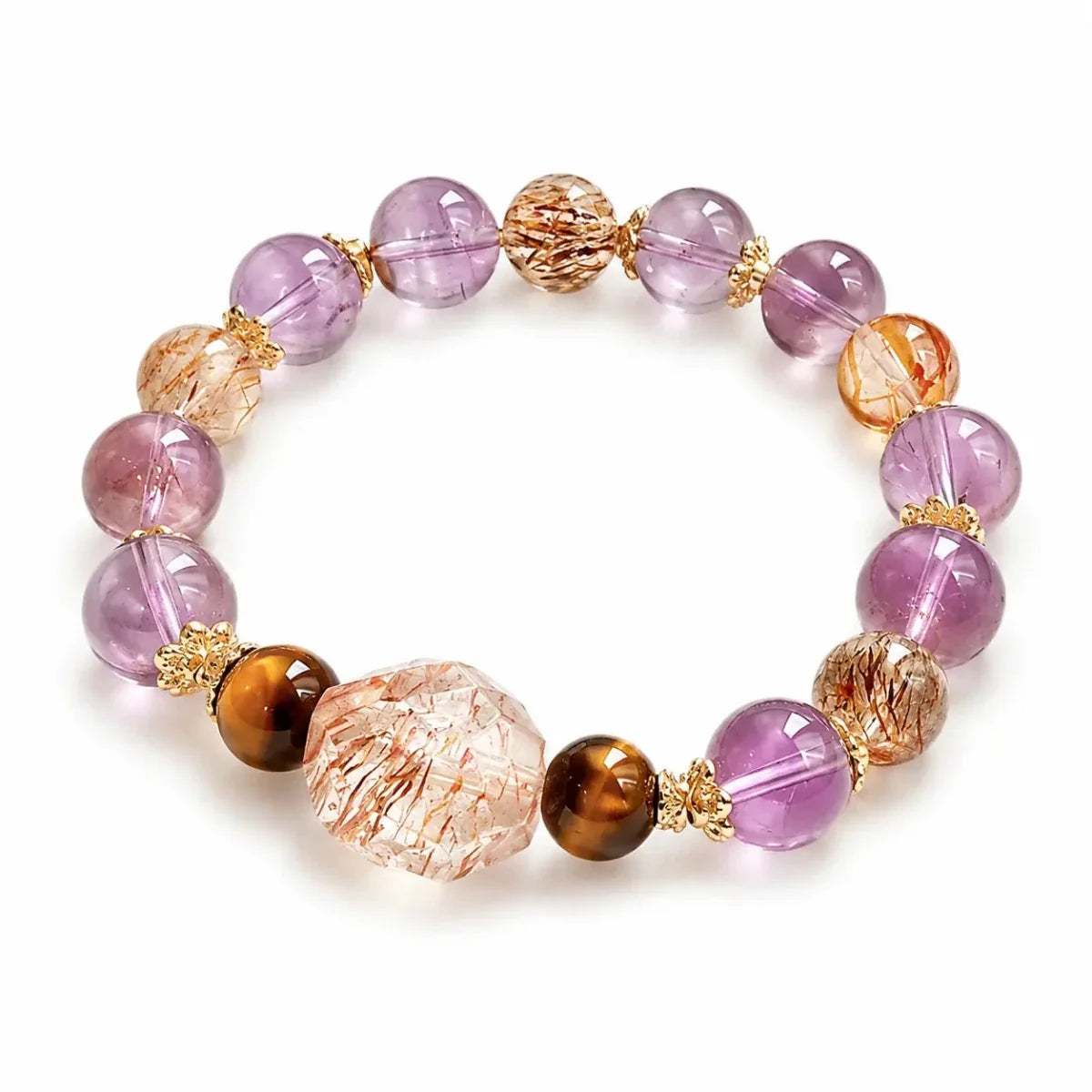 Black Gold Super Seven Crystal Bracelet — Premium Rutilated Quartz - Purple Pagoda + Tiger Eye Mix 9-10mmTibet Art
