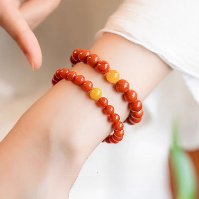 South Red Agate & Amber Bead Bracelet — Tiny Beads, Warm and Steady - 4mm Rice Beads14–15cmTibet Art