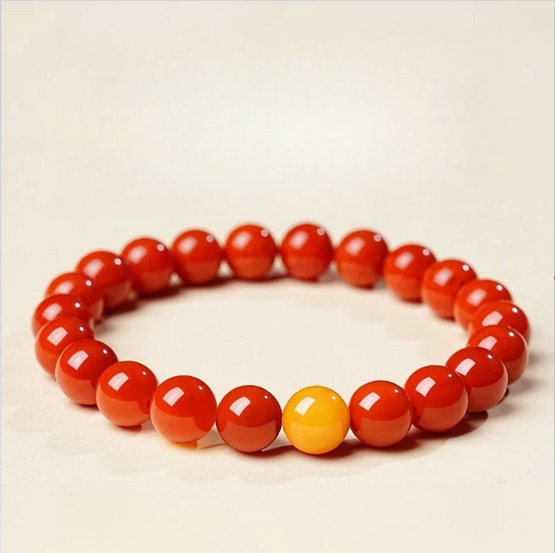 South Red Agate & Amber Bead Bracelet — Tiny Beads, Warm and Steady - 4mm Rice Beads14–15cmTibet Art