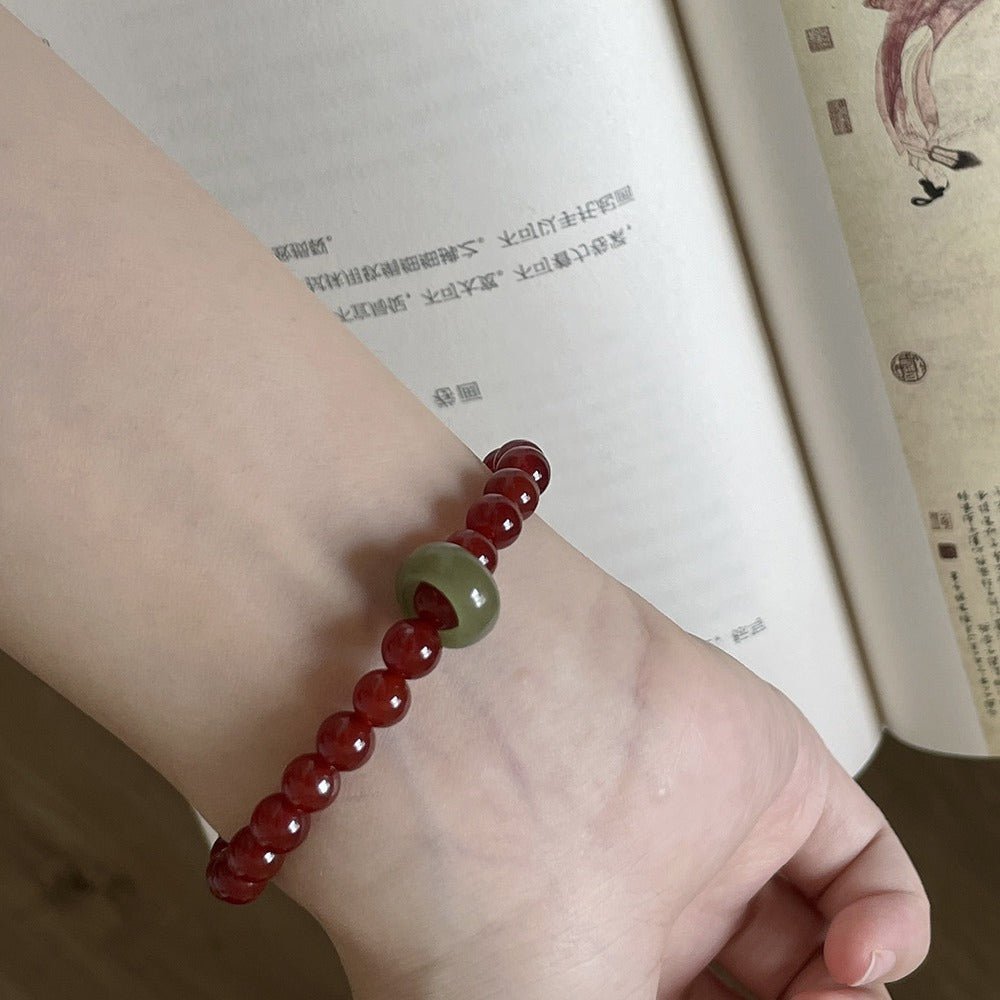 Red Agate & Jadeite Running Ring Bracelet — A Loose Green Ring on a Red Strand - 6mm with Running RingTibet Art