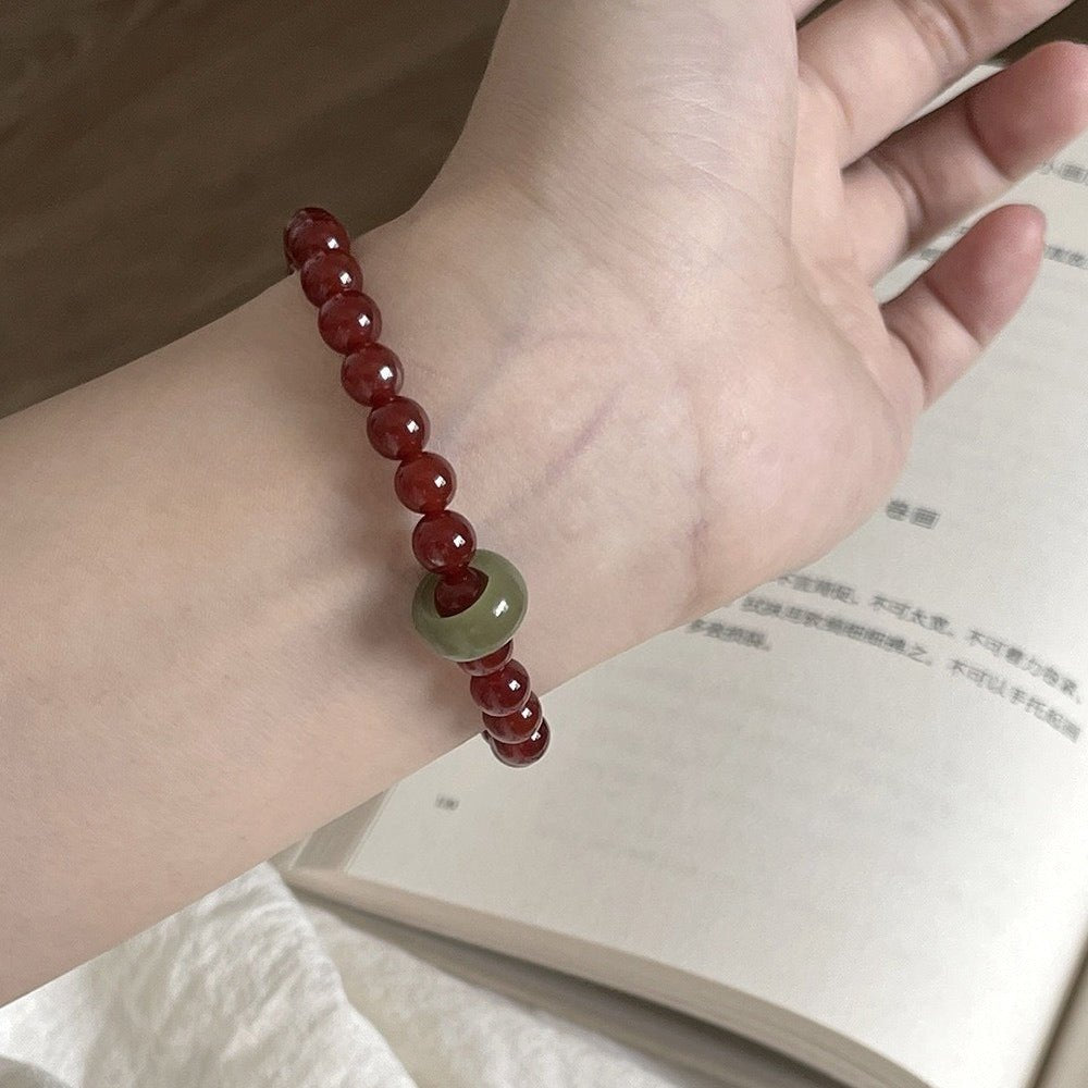 Red Agate & Jadeite Running Ring Bracelet — A Loose Green Ring on a Red Strand - 6mm with Running RingTibet Art