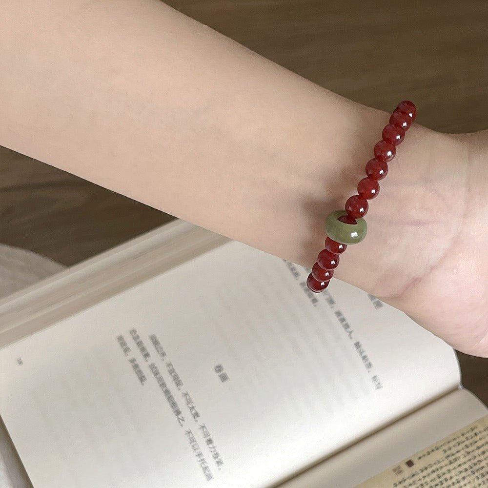 Red Agate & Jadeite Running Ring Bracelet — A Loose Green Ring on a Red Strand - 8mm with Running RingTibet Art