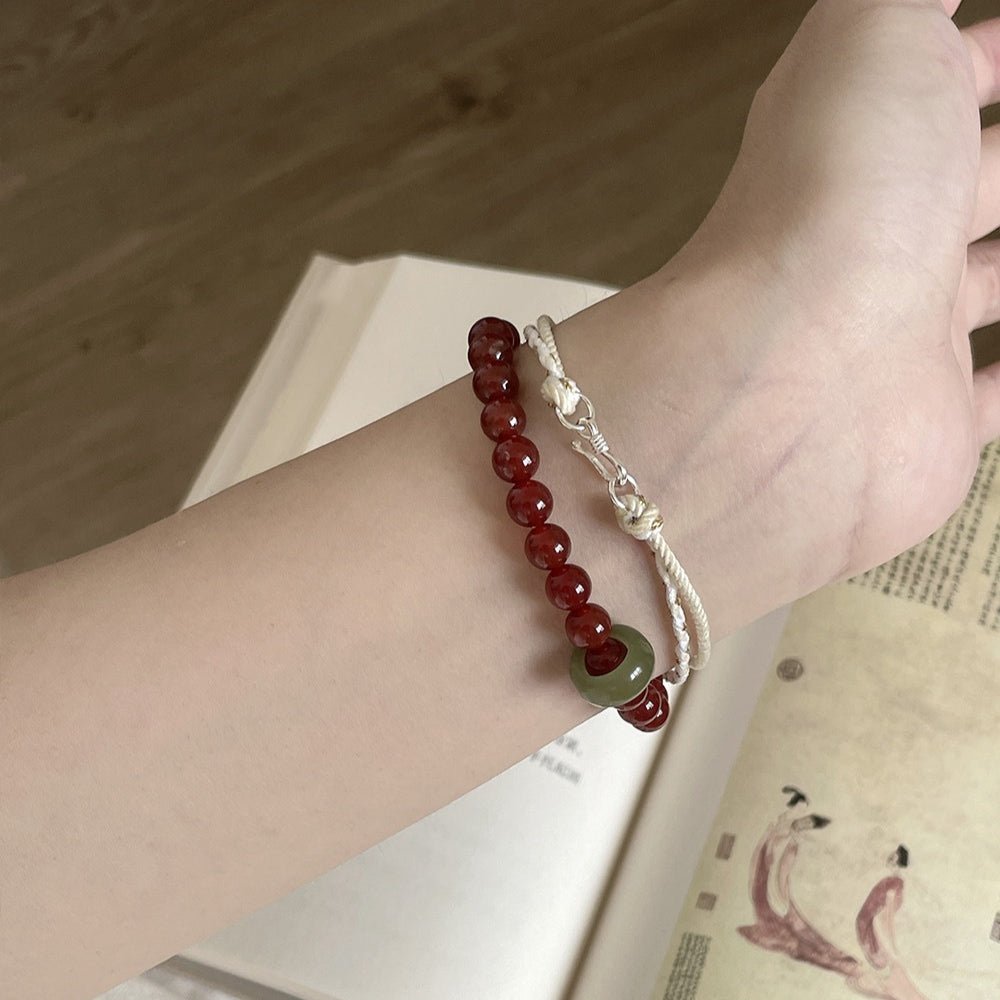 Red Agate & Jadeite Running Ring Bracelet — A Loose Green Ring on a Red Strand - 8mm with Running RingTibet Art