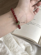 Red Agate & Jadeite Running Ring Bracelet — A Loose Green Ring on a Red Strand - 8mm with Running RingTibet Art
