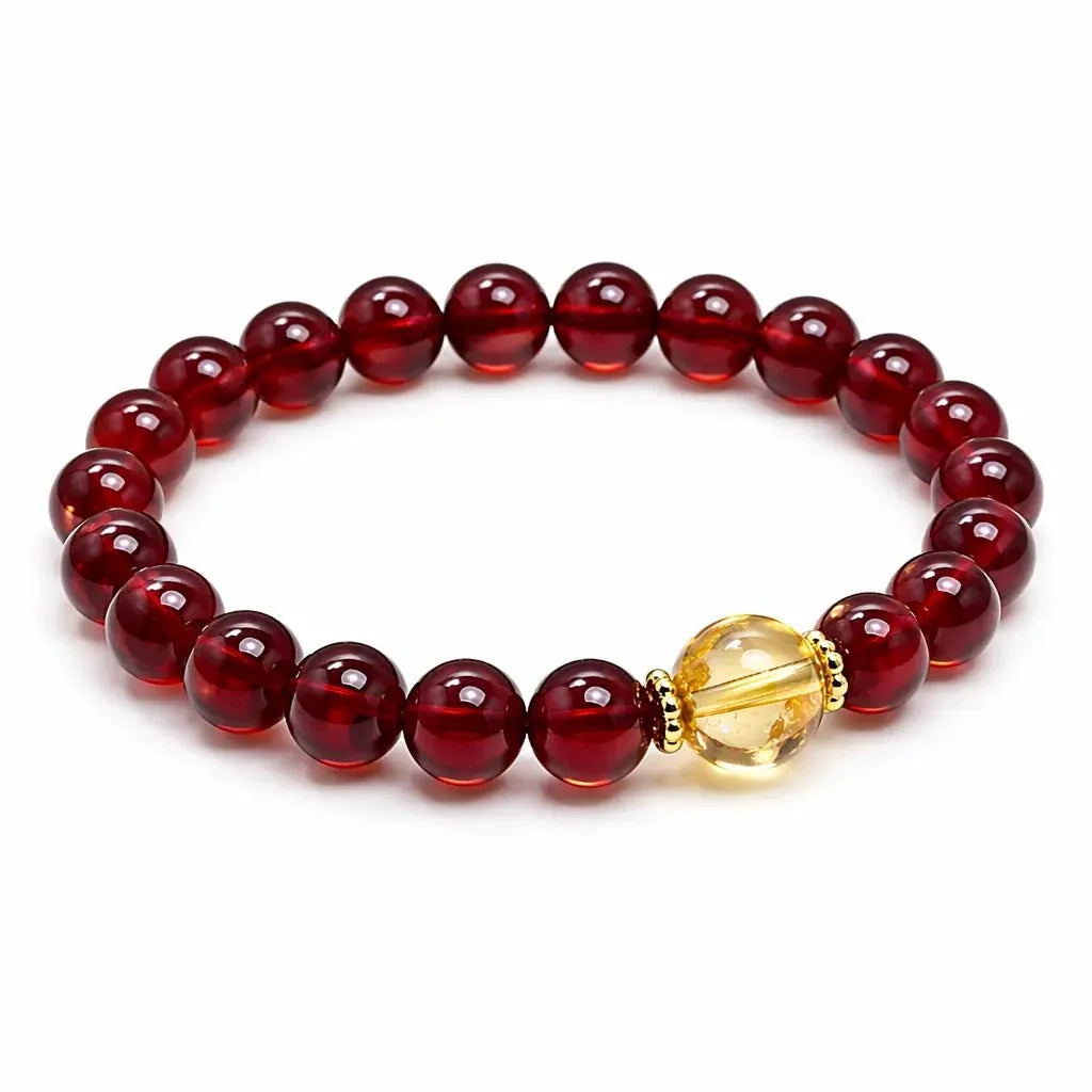 Pomegranate Red Agate & Yellow Crystal Bracelet — Red for Luck, Gold for Wealth Tibet Art