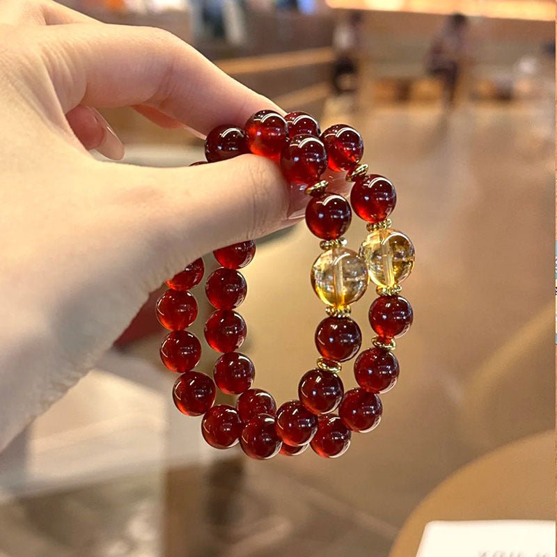 Pomegranate Red Agate & Yellow Crystal Bracelet — Red for Luck, Gold for Wealth - Red & Gold with K9 CharmTibet Art