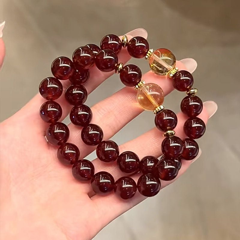 Pomegranate Red Agate & Yellow Crystal Bracelet — Red for Luck, Gold for Wealth - Red & Gold with K9 CharmTibet Art