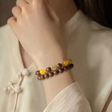 Sandalwood & Yellow Agate Bracelet — Wood Grain, Golden Beads, Putuo Mountain Spirit - Single Loop6mmTibet Art