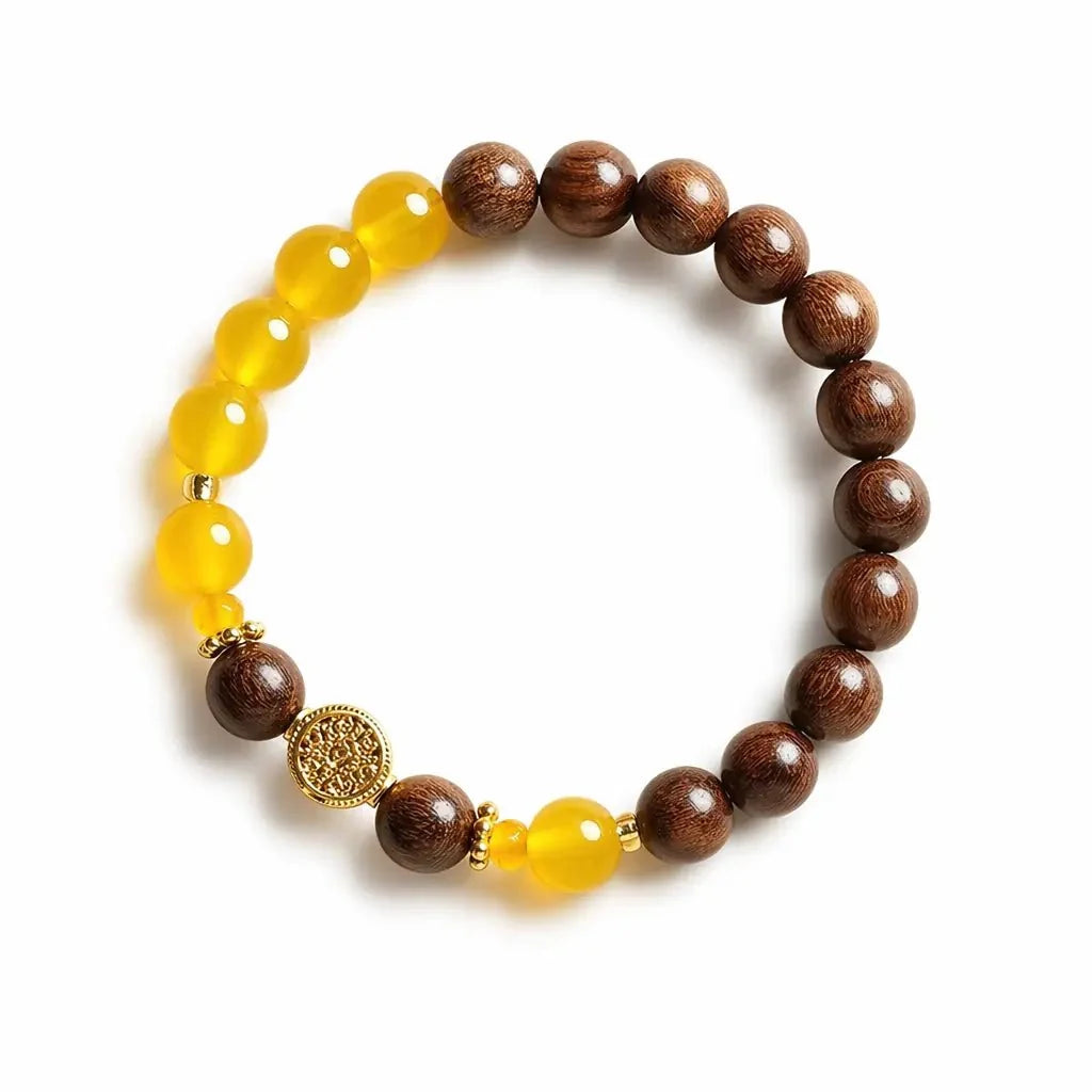 Sandalwood & Yellow Agate Bracelet — Wood Grain, Golden Beads, Putuo Mountain Spirit Tibet Art