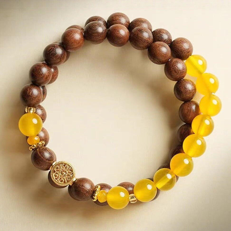 Sandalwood & Yellow Agate Bracelet — Wood Grain, Golden Beads, Putuo Mountain Spirit - Single Loop8mmTibet Art