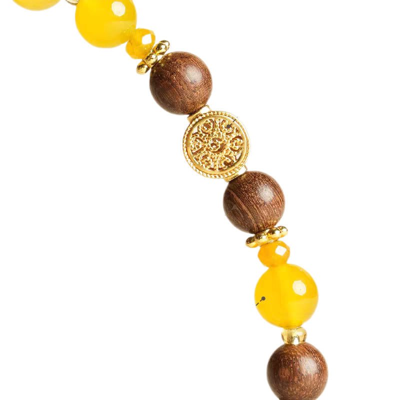 Sandalwood & Yellow Agate Bracelet — Wood Grain, Golden Beads, Putuo Mountain Spirit - Single Loop8mmTibet Art