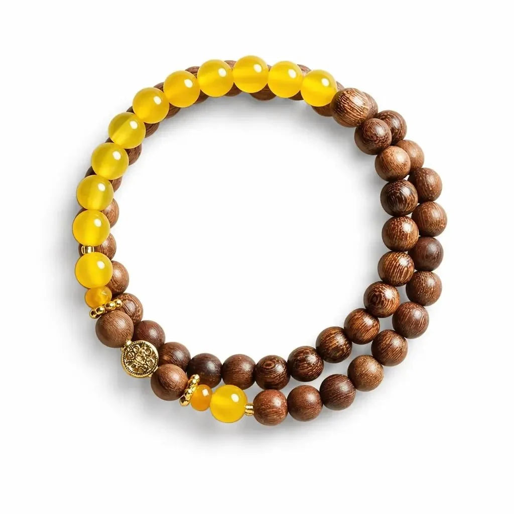 Sandalwood & Yellow Agate Bracelet — Wood Grain, Golden Beads, Putuo Mountain Spirit Tibet Art