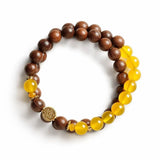 Sandalwood & Yellow Agate Bracelet — Wood Grain, Golden Beads, Putuo Mountain Spirit Tibet Art