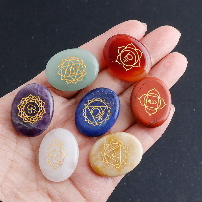 7-Chakra Rune Stone Set — Engraved Agate for Meditation & Energy Work - Large Round Disc (7 pcs)Tibet Art