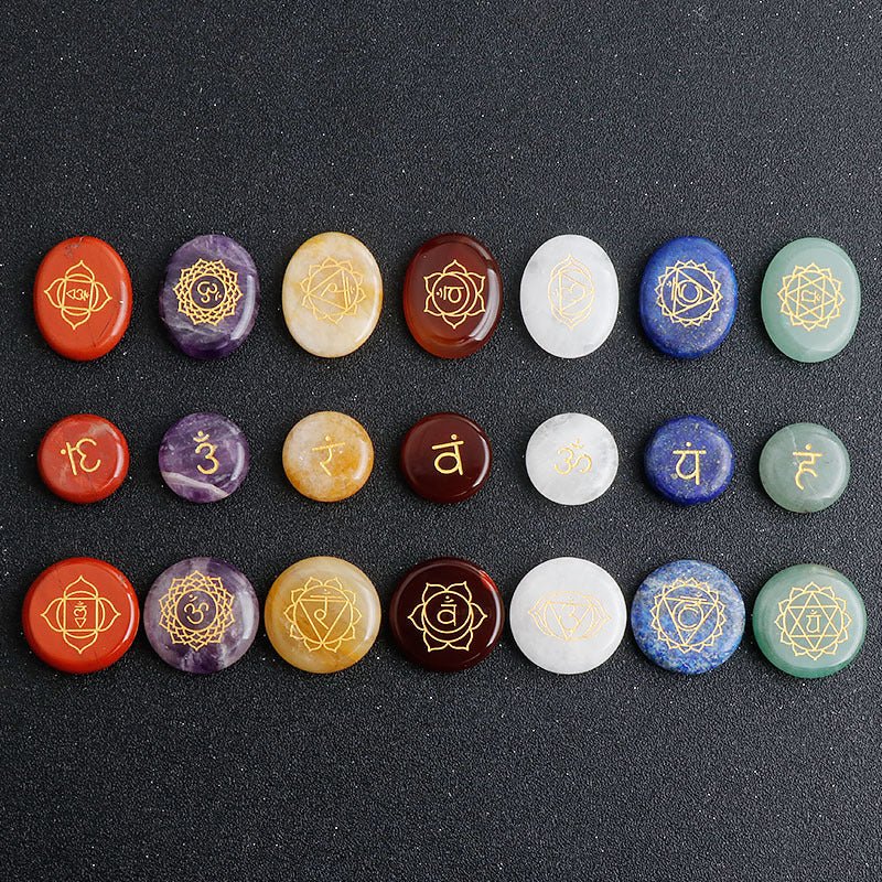 7-Chakra Rune Stone Set — Engraved Agate for Meditation & Energy Work - Large Round Disc (7 pcs)Tibet Art