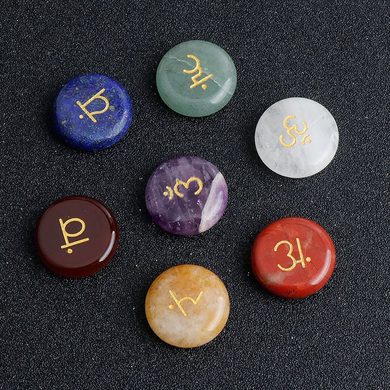 7-Chakra Rune Stone Set — Engraved Agate for Meditation & Energy Work - Large Round Disc (7 pcs)Tibet Art