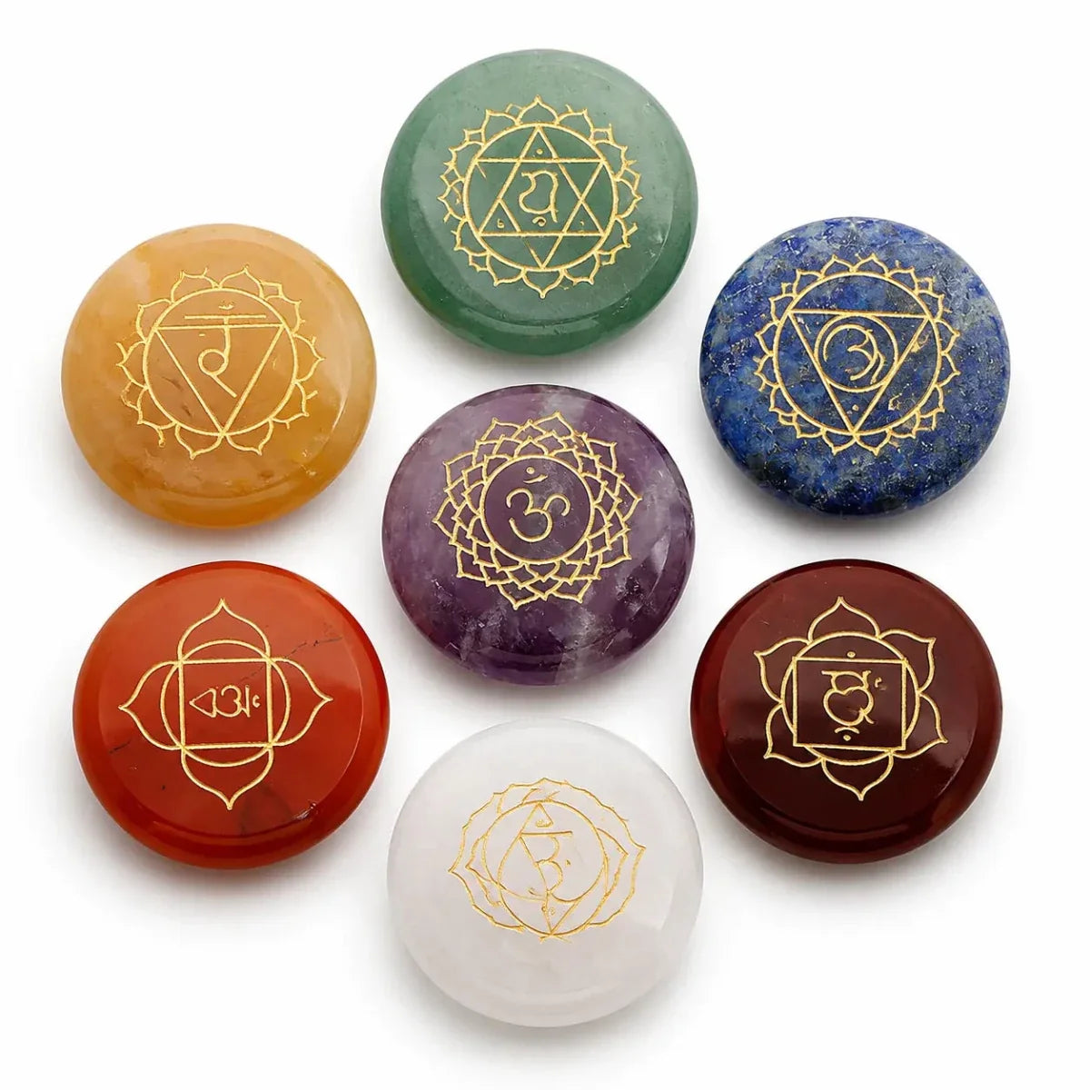 7-Chakra Rune Stone Set — Engraved Agate for Meditation & Energy Work - Large Round Disc (7 pcs)Tibet Art