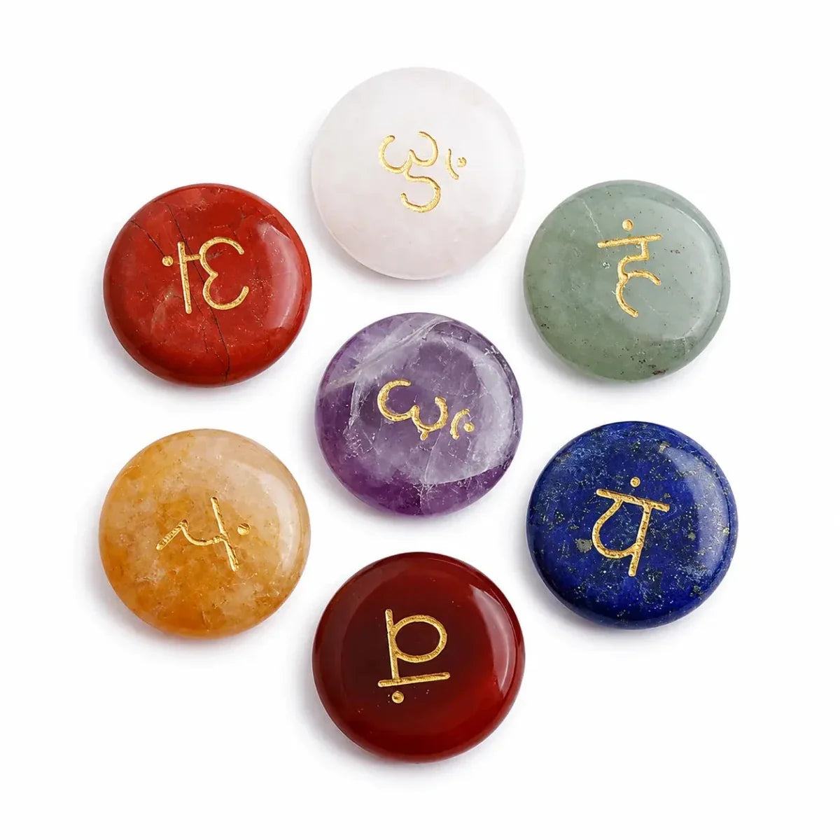 7-Chakra Rune Stone Set — Engraved Agate for Meditation & Energy Work - Small Round Disc (7 pcs)Tibet Art