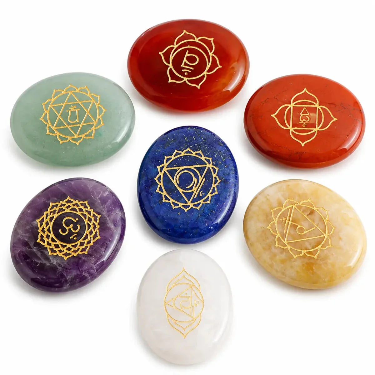 7-Chakra Rune Stone Set — Engraved Agate for Meditation & Energy Work - Oval (7 pcs)Tibet Art