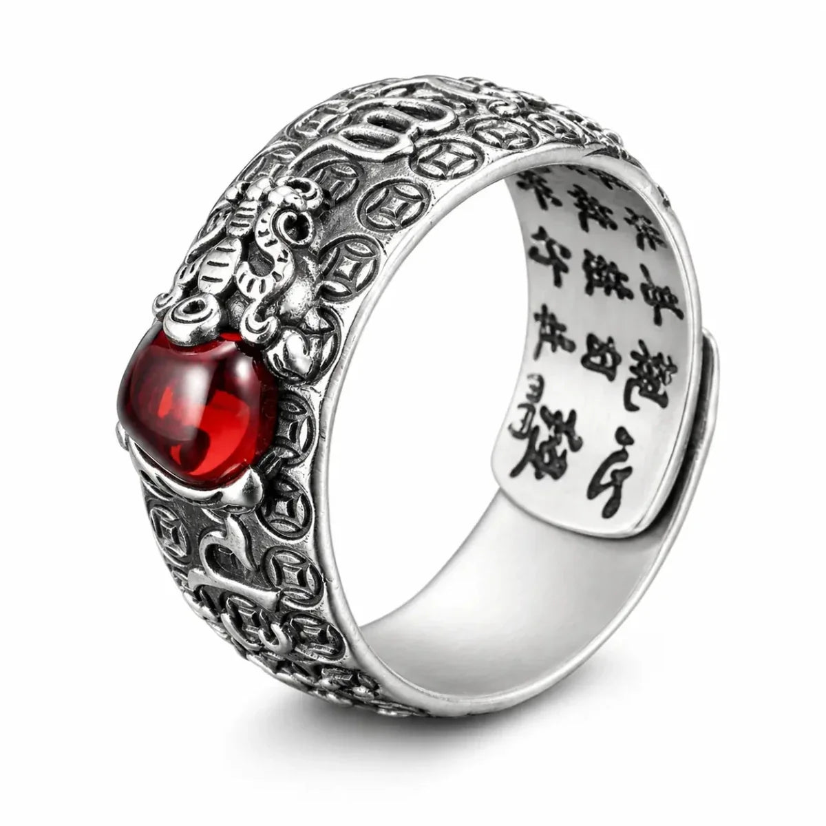 Garnet Ring - Pixiu & Heart Sutra Tibet Art