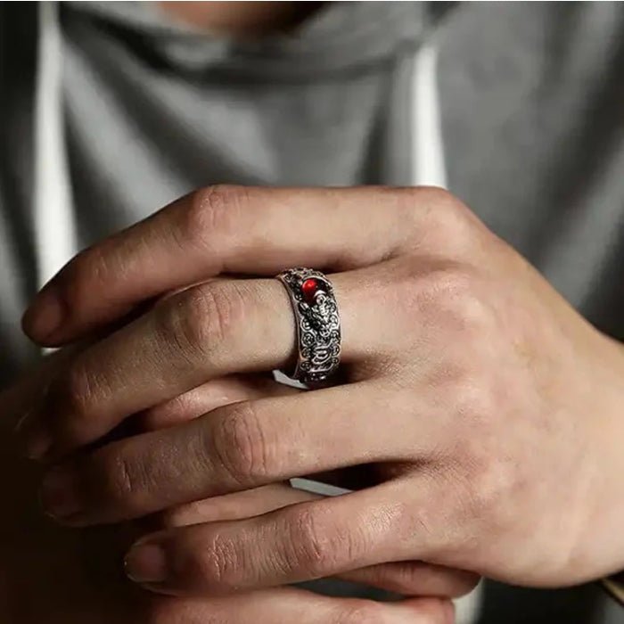 Garnet Ring - Pixiu & Heart Sutra - Tibet Art