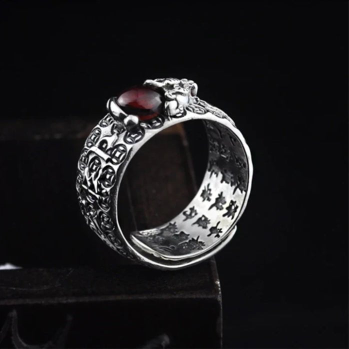 Garnet Ring - Pixiu & Heart Sutra - Tibet Art