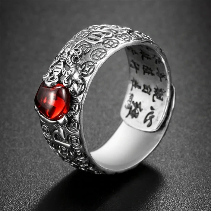 Garnet Ring - Pixiu & Heart Sutra - Tibet Art