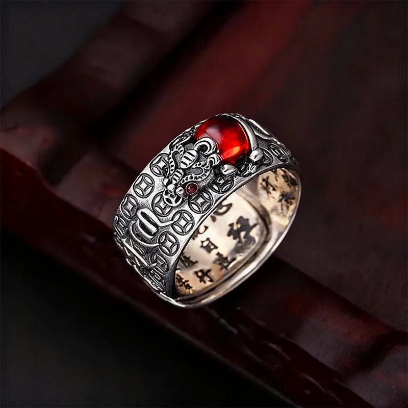 Garnet Ring - Pixiu & Heart Sutra - Tibet Art