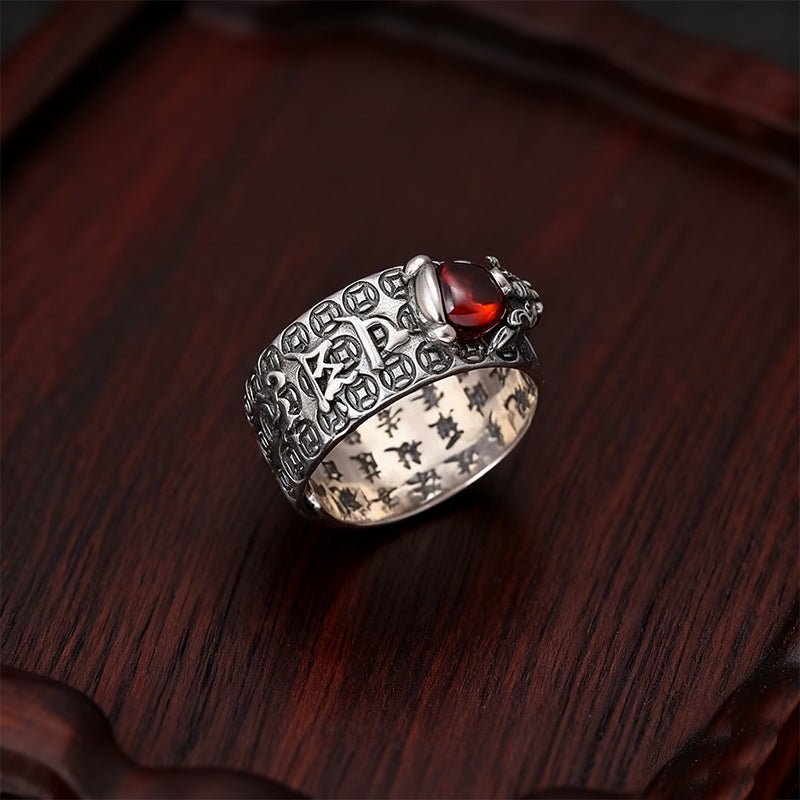 Garnet Ring - Pixiu & Heart Sutra - Tibet Art