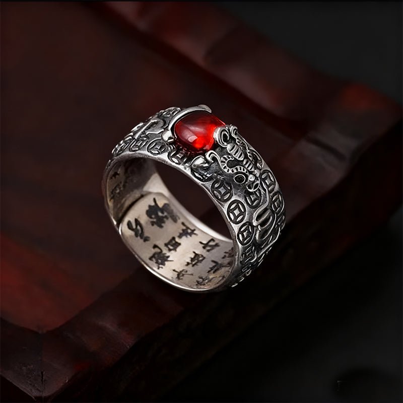 Garnet Ring - Pixiu & Heart Sutra - Tibet Art