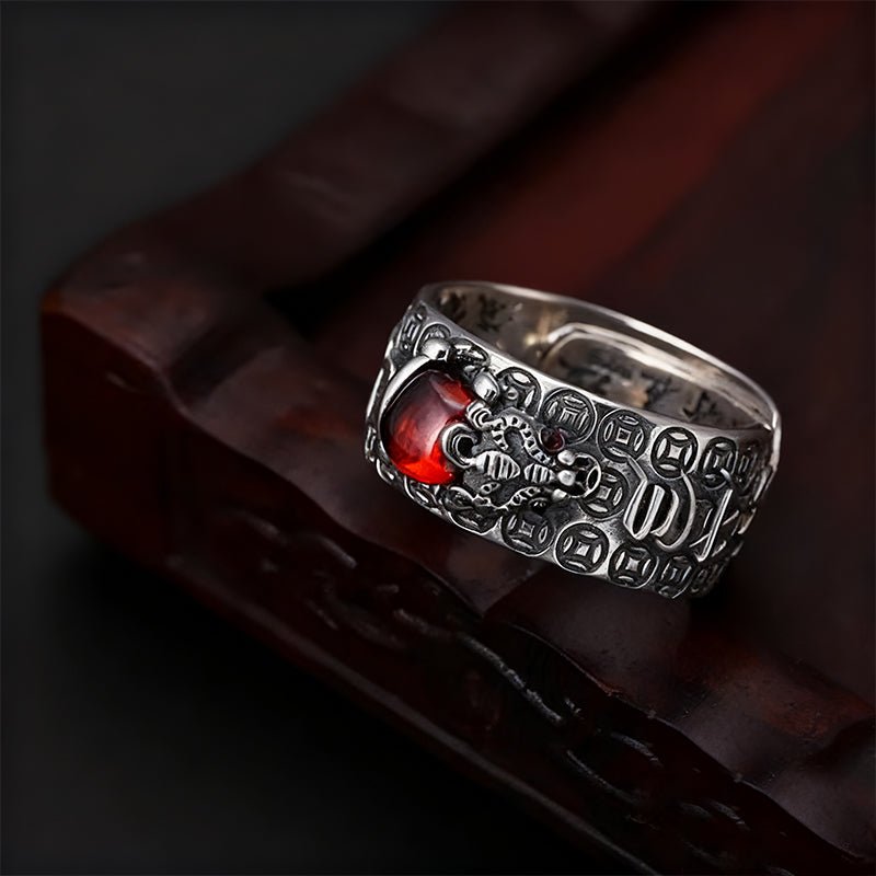 Garnet Ring - Pixiu & Heart Sutra - Tibet Art