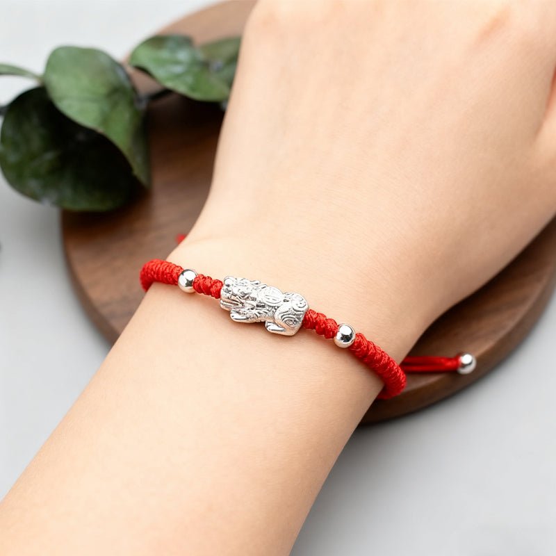 Red String Bracelet - Silver Pixiu for Wealth - Tibet Art