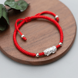 Red String Bracelet - Silver Pixiu for Wealth - Tibet Art